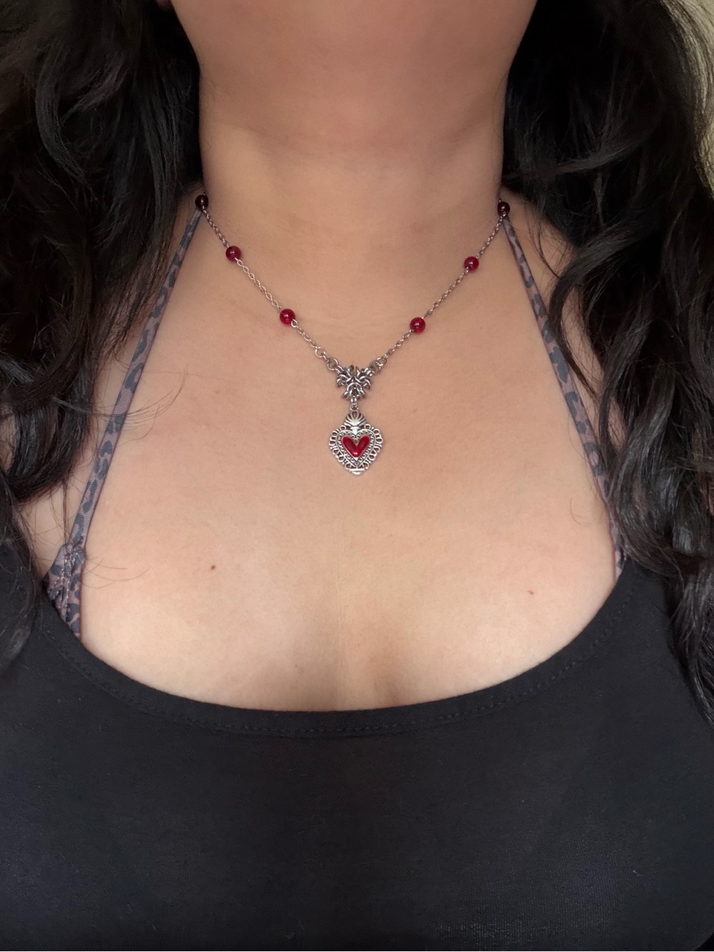Gothic Red Garnet Colour Heart Necklace Medieval Princess Gothic Chain maille